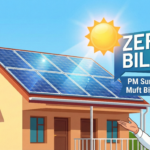 A vibrant digital illustration showing a suburban Indian house with shiny blue solar panels on the roof, with a sun icon and a "Zero Bill" graphic