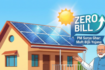 A vibrant digital illustration showing a suburban Indian house with shiny blue solar panels on the roof, with a sun icon and a "Zero Bill" graphic