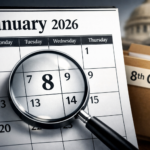 A close-up of a calendar showing "January 2026" with a magnifying glass hovering over the date, and a blurred image of a government file labeled "8th CPC" in the background