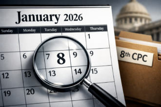 A close-up of a calendar showing "January 2026" with a magnifying glass hovering over the date, and a blurred image of a government file labeled "8th CPC" in the background
