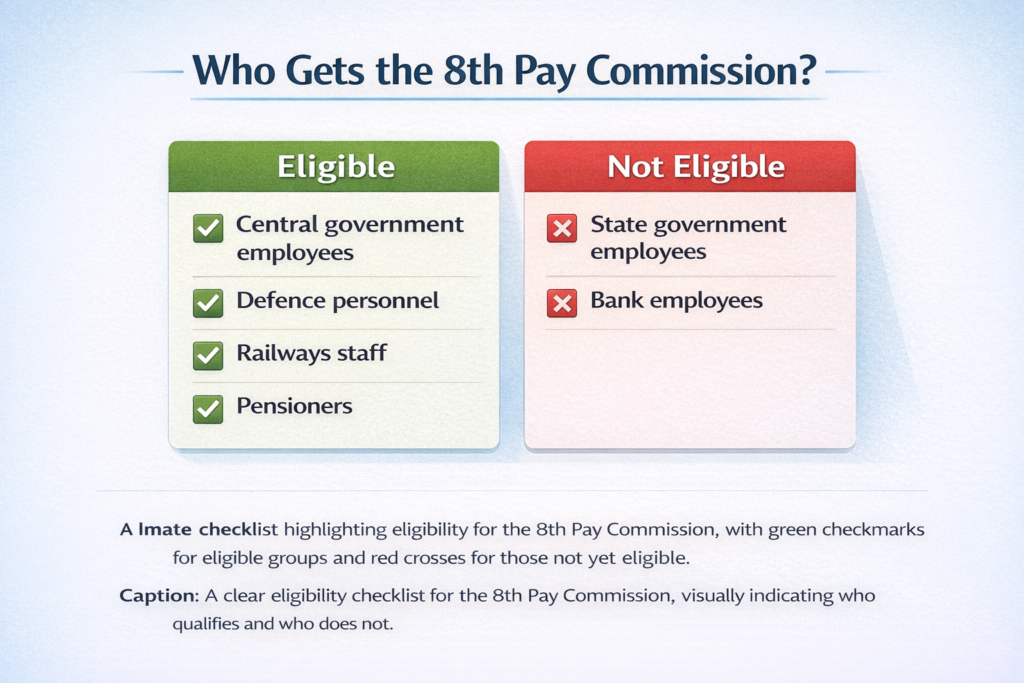 A simple checklist highlighting eligibility for the 8th Pay Commission, with green checkmarks for eligible groups and red crosses for those not eligible.